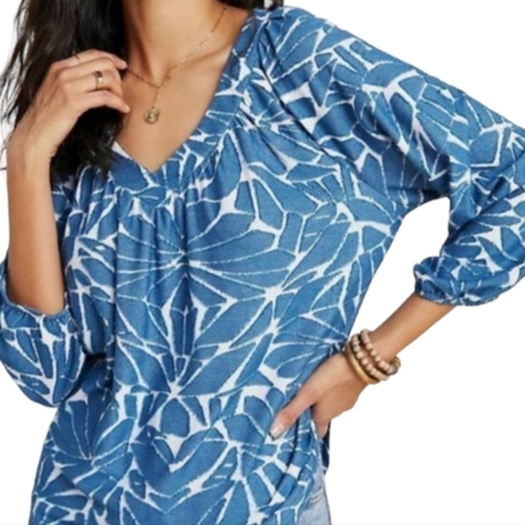 Anthropologie V-Neck 3/4 Puffed Sleeve Floral Textured Top Blue White Small